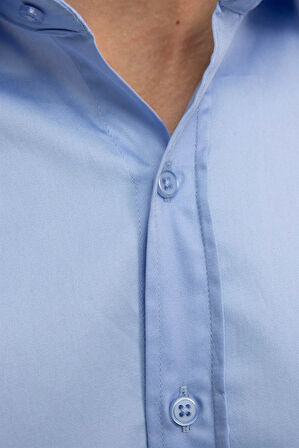 Erkek Regular Fit Klasik Kesim %100 Pamuk Saten Tek Cepli Mavi Gömlek