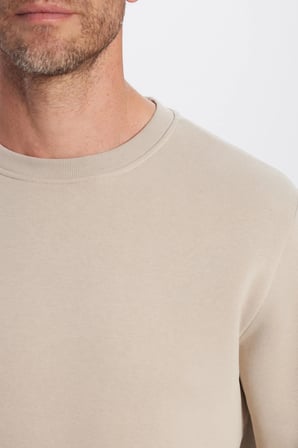 Unisex Relax Fit Rahat Kesim Pamuklu 3 İplik Polarlı Basic Taş Renk Bisiklet Yaka Sweatshirt