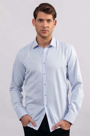 Erkek Modern Slim Fit Pamuklu Düz Mavi Gömlek
