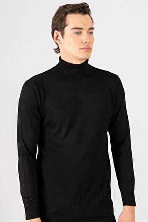 Tudors Slim Fit Dar Kesim Tam Boğazlı Yaka Düz Yün Erkek Kazak
