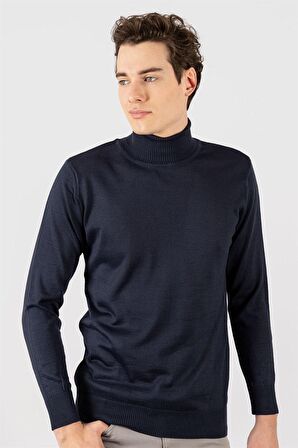 Tudors Slim Fit Dar Kesim Tam Boğazlı Yaka Düz Yün Erkek Kazak