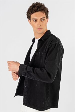Tudors Relax Fit Rahat Kalıp Uzun Kol  Eskitmeli Siyah Denim Erkek Gömlek