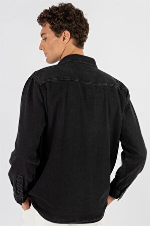 Tudors Relax Fit Rahat Kalıp Uzun Kol  Eskitmeli Siyah Denim Erkek Gömlek