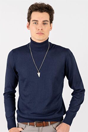 Tudors Slim Fit Dar Kesim Tam Boğazlı Yaka Düz Yün Erkek Kazak
