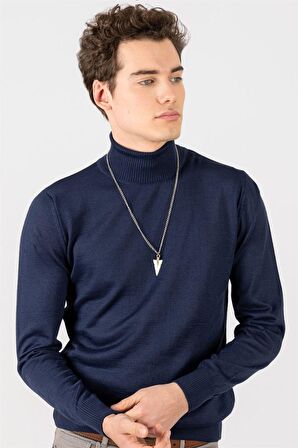 Tudors Slim Fit Dar Kesim Tam Boğazlı Yaka Düz Yün Erkek Kazak