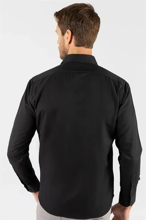 Erkek Regular Fit Klasik Kesim Armürlü Kravatlık Yaka Desenli Siyah Gömlek