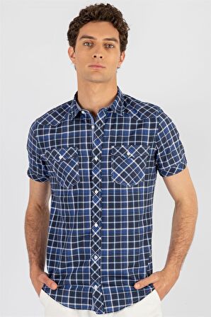 Tudors Slim Fit Kısa Kol Ekose Çift Cep Kapaklı Teksas Model Erkek Gömlek