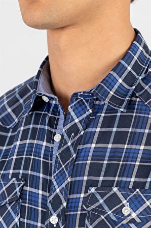 Tudors Slim Fit Kısa Kol Ekose Çift Cep Kapaklı Teksas Model Erkek Gömlek