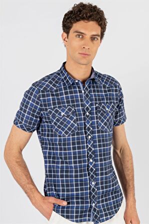 Tudors Slim Fit Kısa Kol Ekose Çift Cep Kapaklı Teksas Model Erkek Gömlek