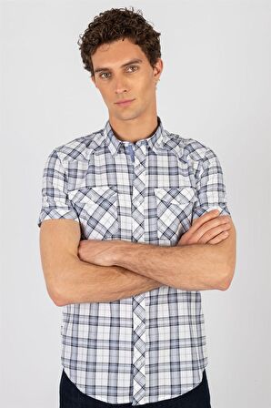 Tudors Slim Fit Kısa Kol Ekose Çift Cep Kapaklı Teksas Model Erkek Gömlek