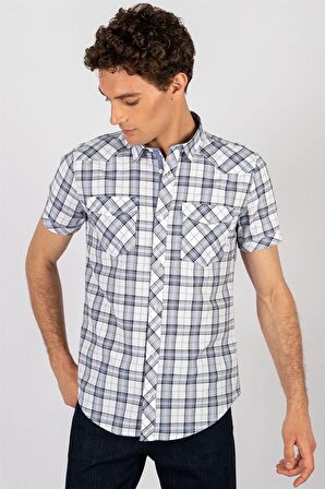 Tudors Slim Fit Kısa Kol Ekose Çift Cep Kapaklı Teksas Model Erkek Gömlek