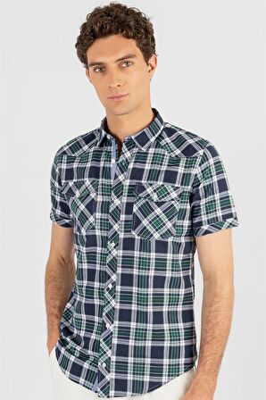 Tudors Slim Fit Kısa Kol Ekose Çift Cep Kapaklı Teksas Model Erkek Gömlek
