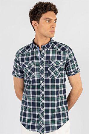Tudors Slim Fit Kısa Kol Ekose Çift Cep Kapaklı Teksas Model Erkek Gömlek