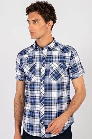 Tudors Slim Fit Kısa Kol Ekose Kapaklı Teksas Model Erkek Gömlek
