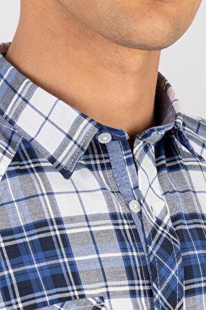 Tudors Slim Fit Kısa Kol Ekose Kapaklı Teksas Model Erkek Gömlek