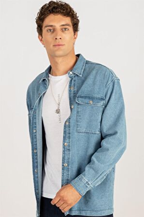 Tudors Oversıze Denim Çift Cep Kapaklı Çıtçıtlı Erkek Kot Gömlek