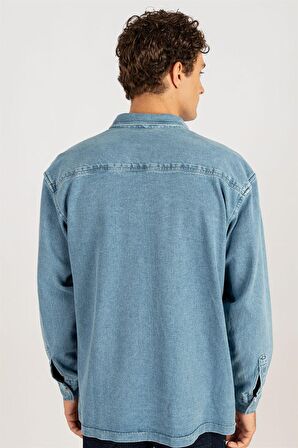 Tudors Oversıze Denim Çift Cep Kapaklı Çıtçıtlı Erkek Kot Gömlek