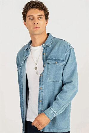 Unisex Oversize Geniş Kesim Denim Kot Çift Cepli Mavi Overshirt Ceket Tarzı Gömlek
