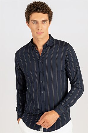 Tudors Slim Fit Uzun Kol Çizgili Yaka Düğmeli Erkek Gömlek