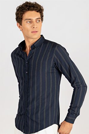 Tudors Slim Fit Uzun Kol Çizgili Yaka Düğmeli Erkek Gömlek