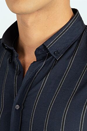 Tudors Slim Fit Uzun Kol Çizgili Yaka Düğmeli Erkek Gömlek