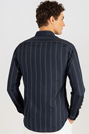 Tudors Slim Fit Uzun Kol Çizgili Yaka Düğmeli Erkek Gömlek