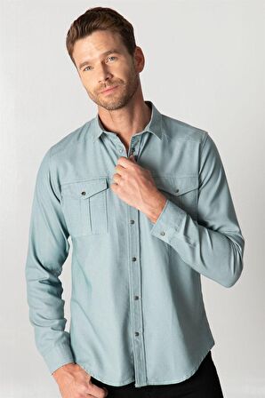 Tudors Slım Fit Yıkamalı Denım Düz Çift Cep Gömlek