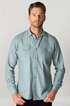 Tudors Slım Fit Yıkamalı Denım Düz Çift Cep Gömlek
