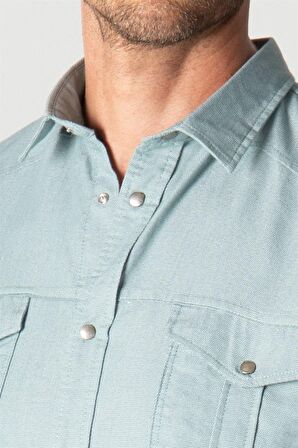 Tudors Slım Fit Yıkamalı Denım Düz Çift Cep Gömlek