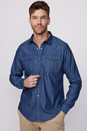 Slim Fit Uzun Kollu Spor Yaka Yıkamalı Çift Cepli Armürlü Denim Kot İndigo Erkek Gömlek