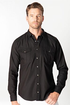 Tudors Slim Fit Yıkamalı Denım Düz Çift Cep Gömlek