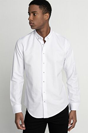 Tudors Slim Fit Uzun Kol Yaka Düğmeli Yaka İçi Biyeli Erkek Gömlek