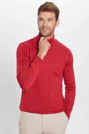 Erkek Slim Fit Dar Kesim Tam Boğazlı Yaka Düz Yün Kırmızı Triko Kazak