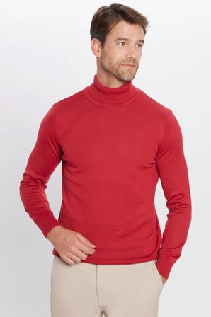 Erkek Slim Fit Dar Kesim Tam Boğazlı Yaka Düz Yün Kırmızı Triko Kazak