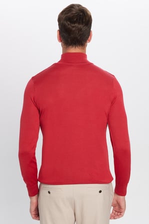 Erkek Slim Fit Dar Kesim Tam Boğazlı Yaka Düz Yün Kırmızı Triko Kazak