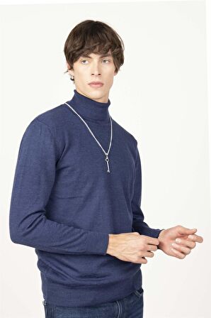 Tudors Slim Fit Dar Kesim Tam Boğazlı Yaka Düz Yün Erkek Kazak
