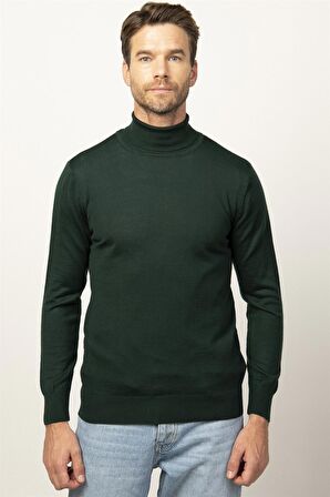 Tudors Slim Fit Dar Kesim Tam Boğazlı Yaka Düz Yün Erkek Kazak