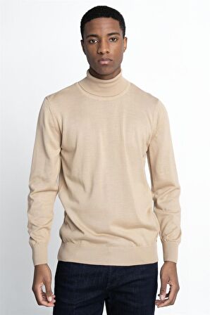 Tudors Slim Fit Dar Kesim Tam Boğazlı Yaka Düz Yün Erkek Kazak