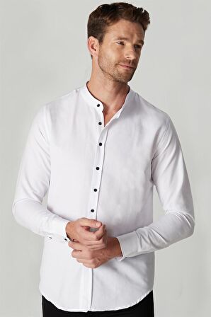 Tudors Slim Fit Uzun Kol Siyah Düğmeli Hakim Yaka Poplin Beyaz Erkek Gömlek