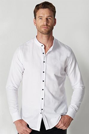 Tudors Slim Fit Uzun Kol Siyah Düğmeli Hakim Yaka Poplin Beyaz Erkek Gömlek