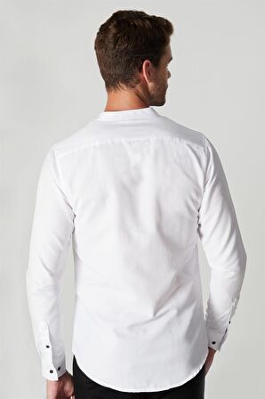 Tudors Slim Fit Uzun Kol Siyah Düğmeli Hakim Yaka Poplin Beyaz Erkek Gömlek