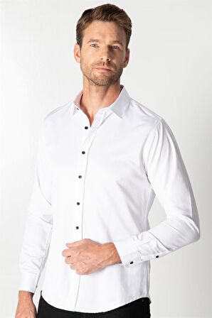 Tudors Slim Fit Uzun Kol Siyah Düğmeli Düz Erkek Beyaz Gömlek