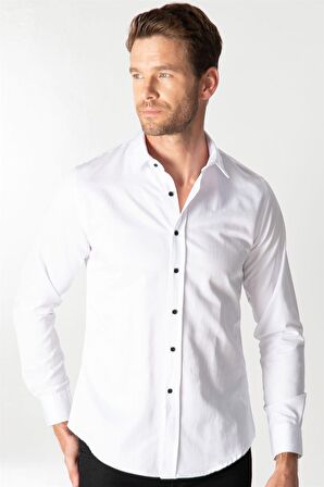 Tudors Slim Fit Uzun Kol Siyah Düğmeli Düz Erkek Beyaz Gömlek