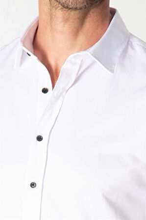 Tudors Slim Fit Uzun Kol Siyah Düğmeli Düz Erkek Beyaz Gömlek