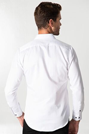 Tudors Slim Fit Uzun Kol Siyah Düğmeli Düz Erkek Beyaz Gömlek