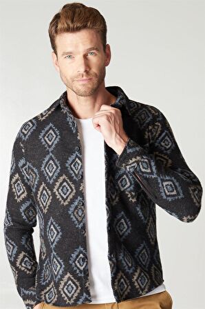 Tudors Slim Fit Tek Cep Kışlık Etnik Desen Spor Erkek Gömlek