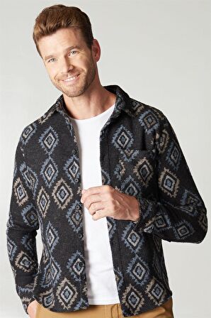 Tudors Slim Fit Tek Cep Kışlık Etnik Desen Spor Erkek Gömlek