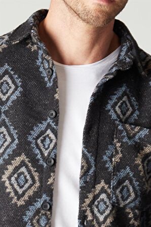 Tudors Slim Fit Tek Cep Kışlık Etnik Desen Spor Erkek Gömlek