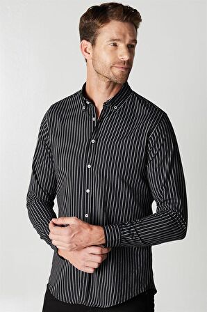 Tudors Slim Fit Uzun Kol Çizgili Spor Yaka Poplin Erkek Gömlek