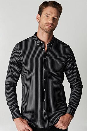 Tudors Slim Fit Uzun Kol Çizgili Spor Yaka Poplin Erkek Gömlek